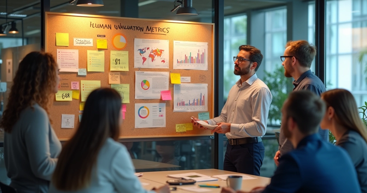 Manager leading discussion with team, reviewing human metrics charts pinned on board 