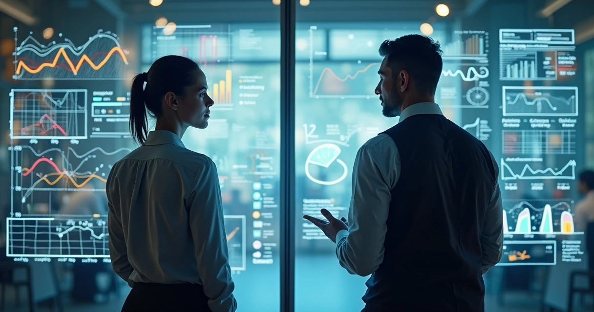 Two people viewing both performance charts and illustrated narratives on a glass wall 