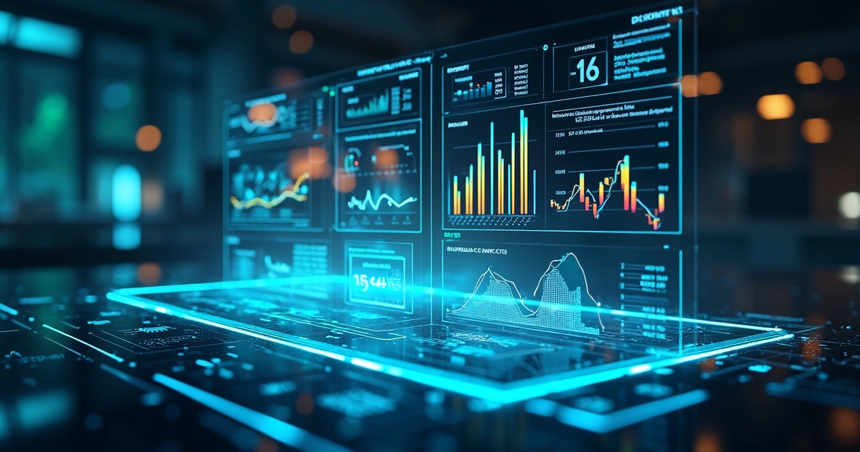Interface futurista mostrando métricas de desempenho de agentes de IA em painel digital detalhado 