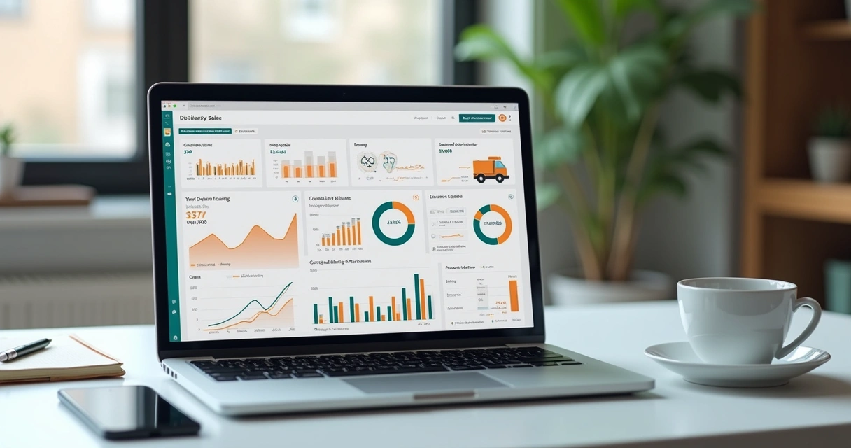 Computador com dashboard de métricas de delivery em tela, gráficos e estatísticas detalhadas 