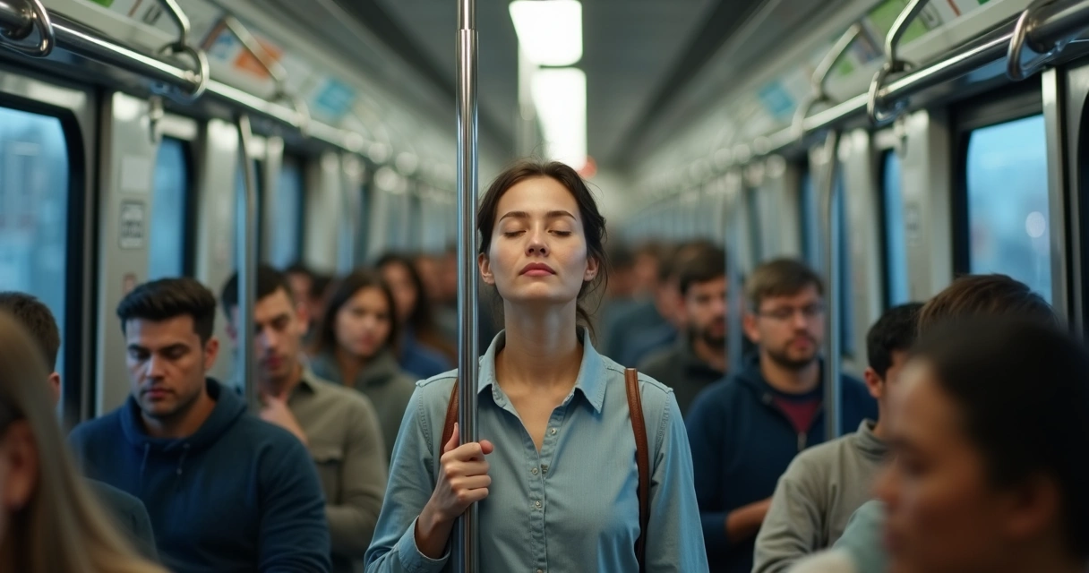 Pessoa em pé no metrô observando a respiração durante o trajeto 