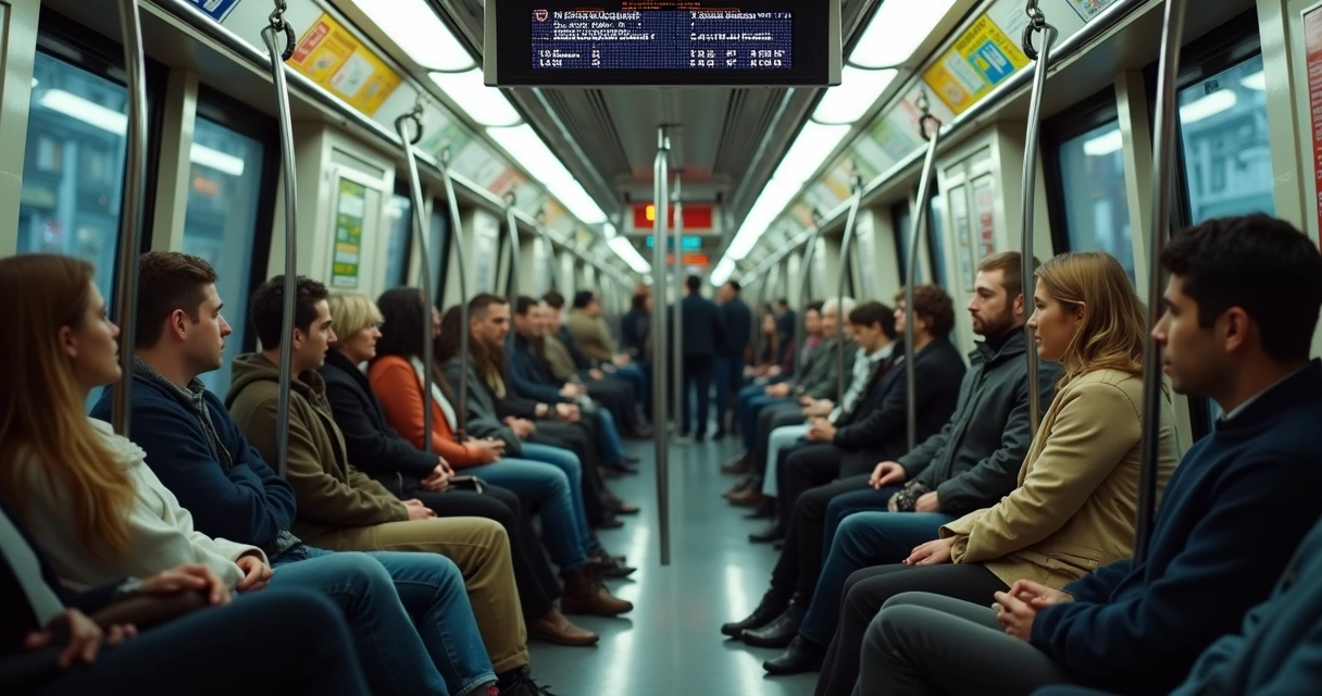 Passageiros usando metrô de Nova York em horário movimentado 