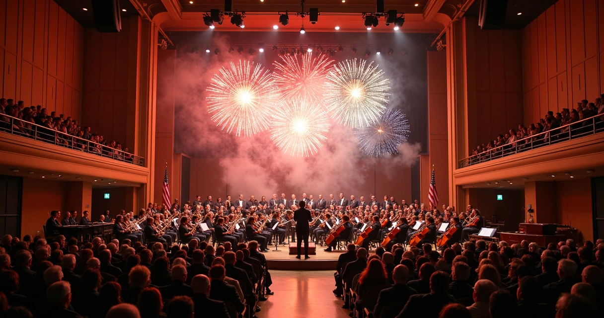 Dallas Winds performing in Morton H. Meyerson Symphony Center with audience and indoor fireworks 