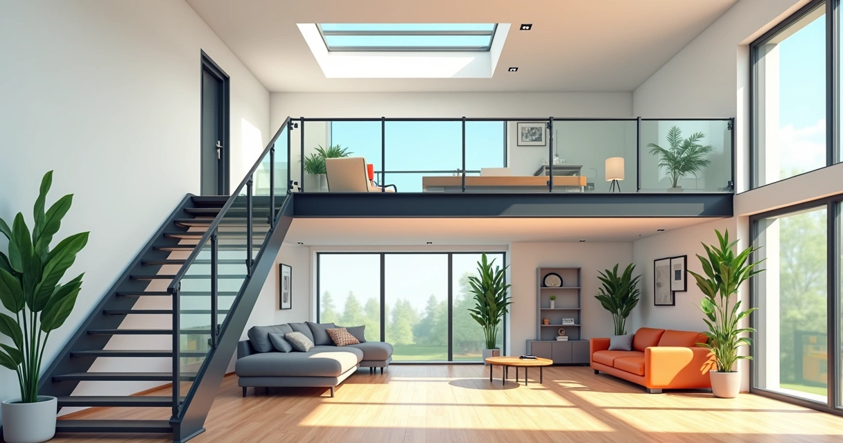 Mezanino com escada metálica em casa residencial 