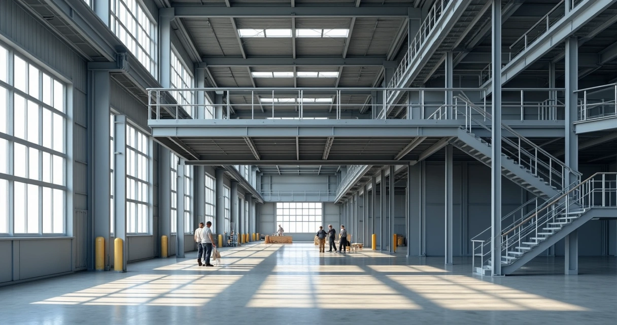 Mezanino metálico instalado em empresa com escada e corrimão