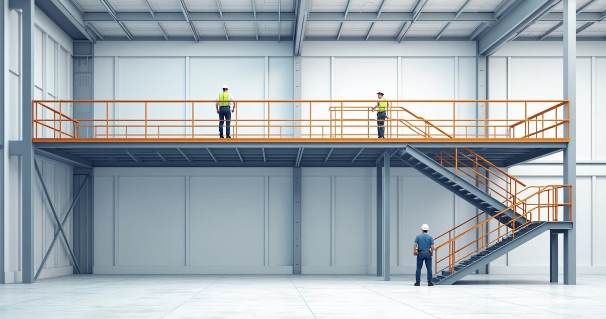 Mezanino metálico industrial com escada ao fundo 