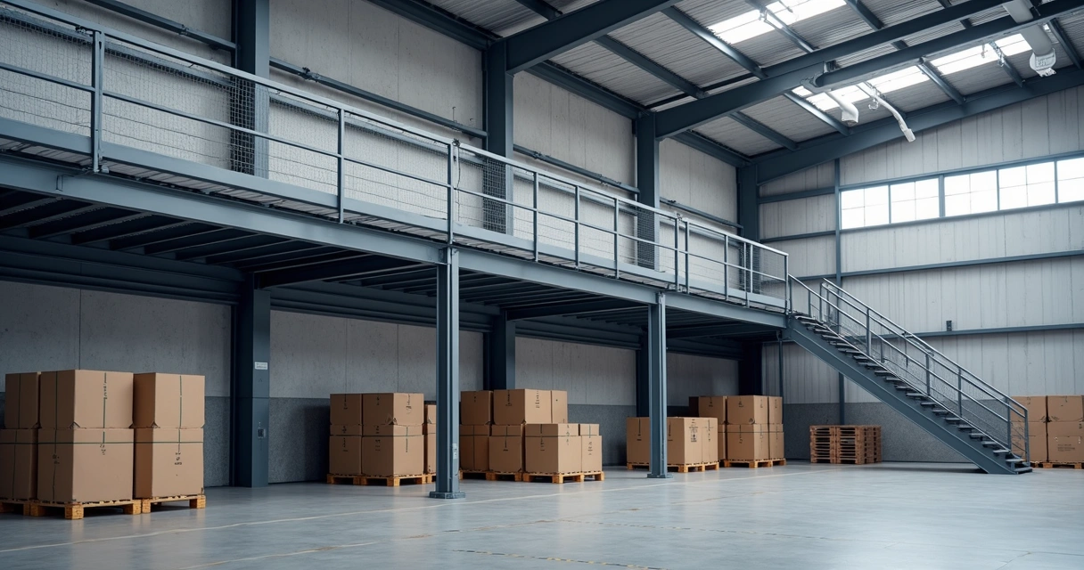 Mezanino metálico industrial em galpão de empresa com escada e estantes 