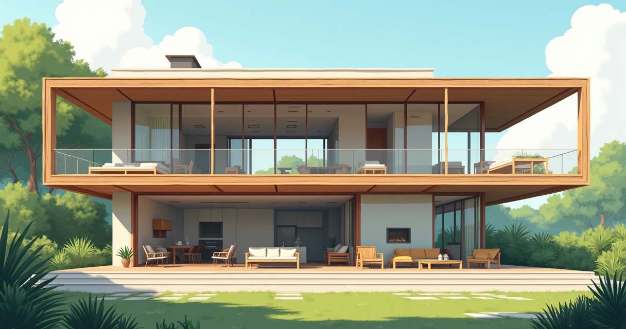 Mezanino de madeira com cobertura em varanda ampla 