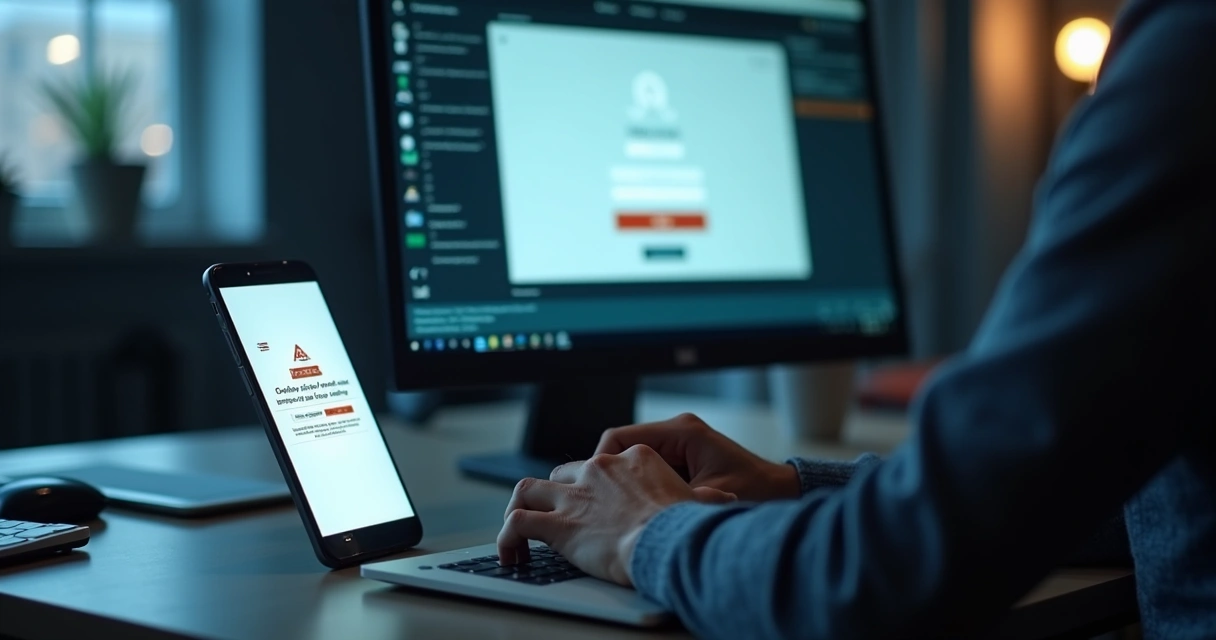 Person using a laptop, a smartphone showing a fake verification request beside, in a modern office. 