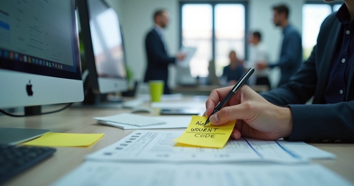 Employee writing authentication codes on a sticky note at crowded office desk. 