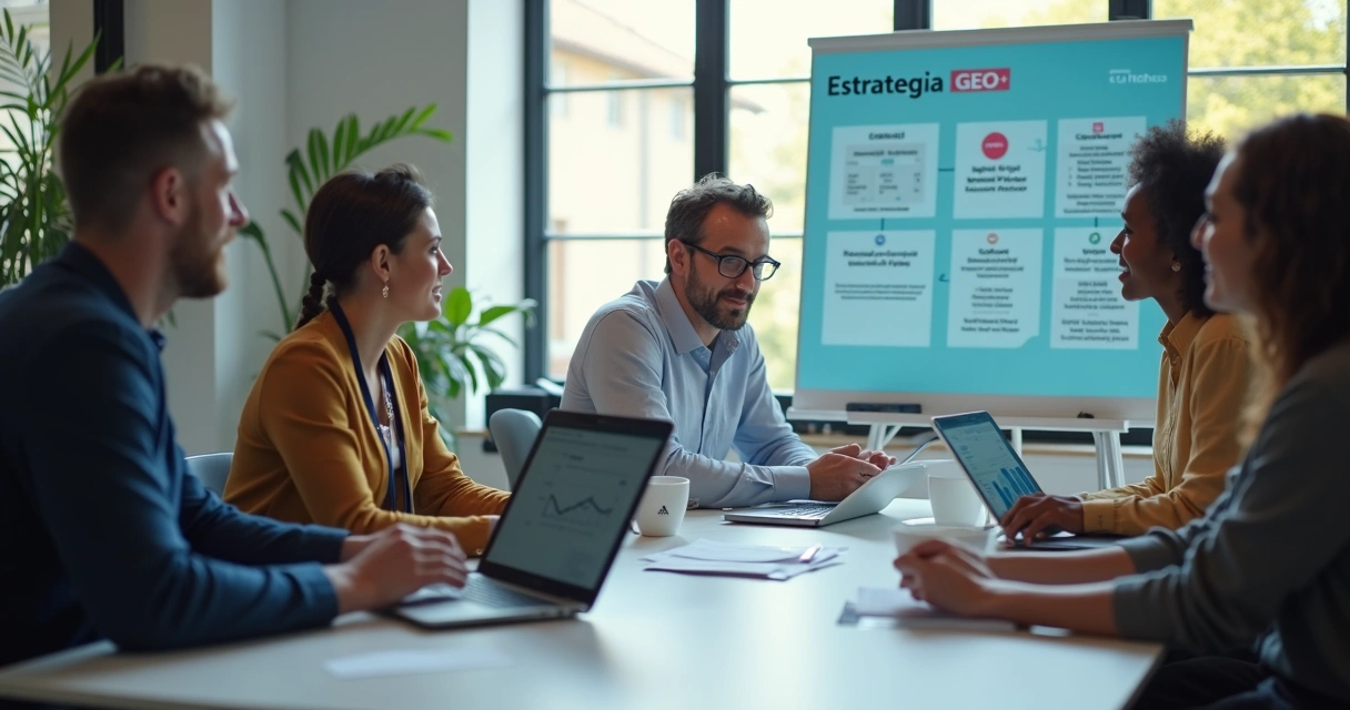 Reunião entre equipe da MGAPress e cliente para estratégia GEO 