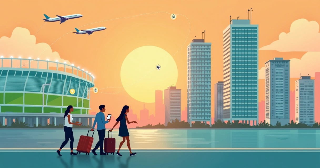 Ilustração de Miami com estádio, prédios flexíveis e turistas latino-americanos 