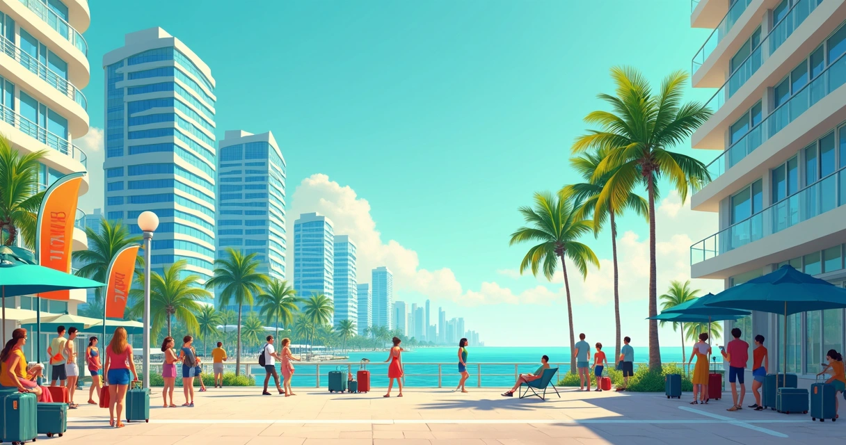 Vista de Miami com prédios altos, turistas e placas de aluguel 
