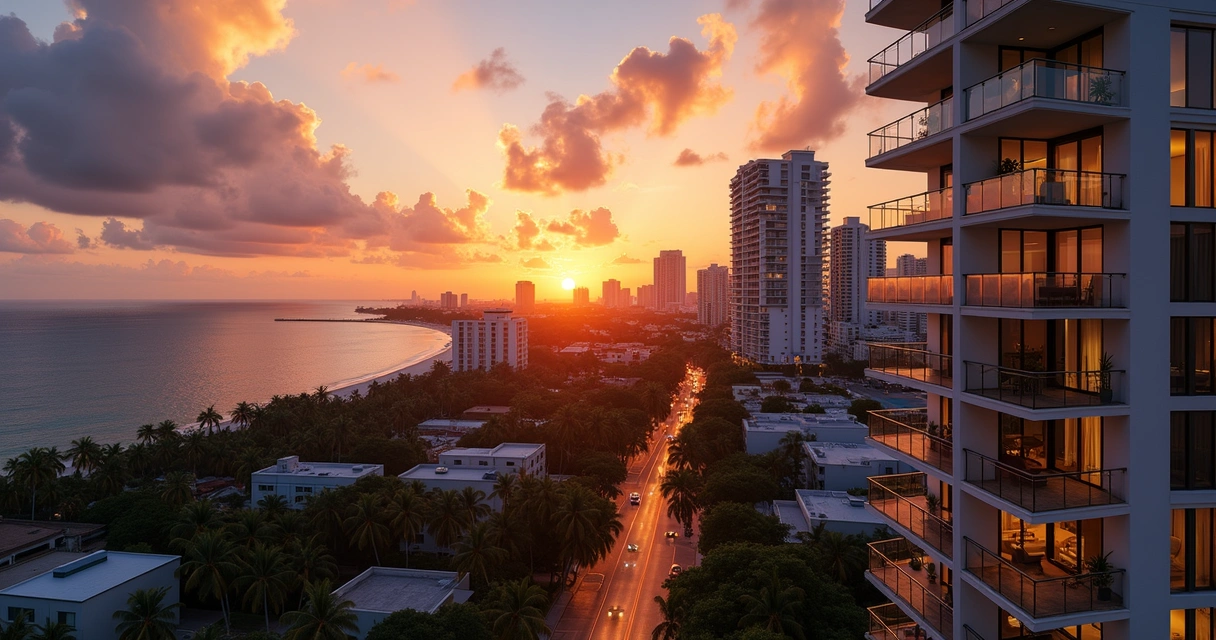 High-rise Miami apartments at sunset, seen from above 