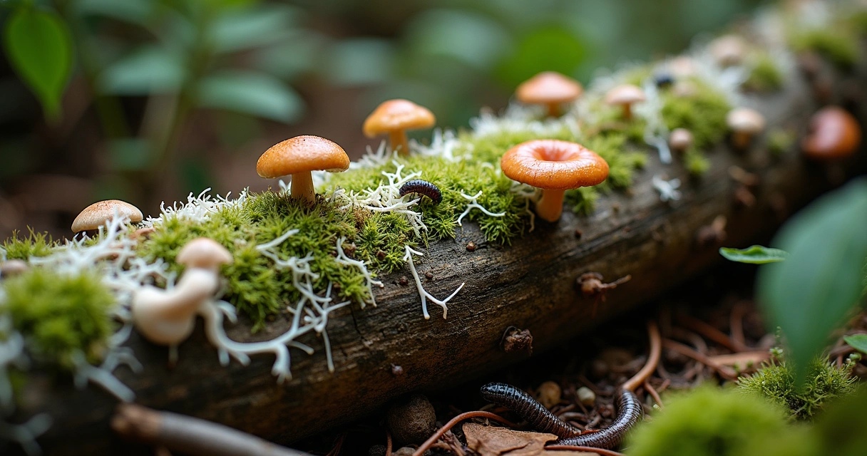 Micélio degradando madeira em floresta úmida 