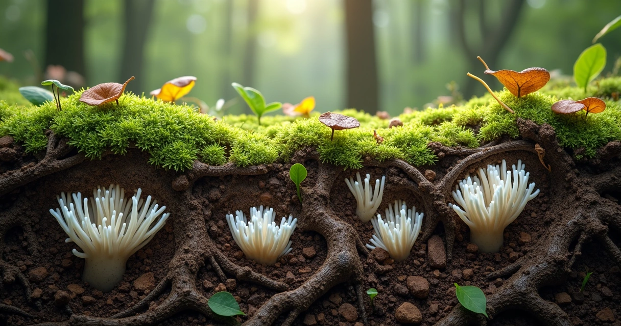 Rede de micélio subterrânea entre raízes de árvores 