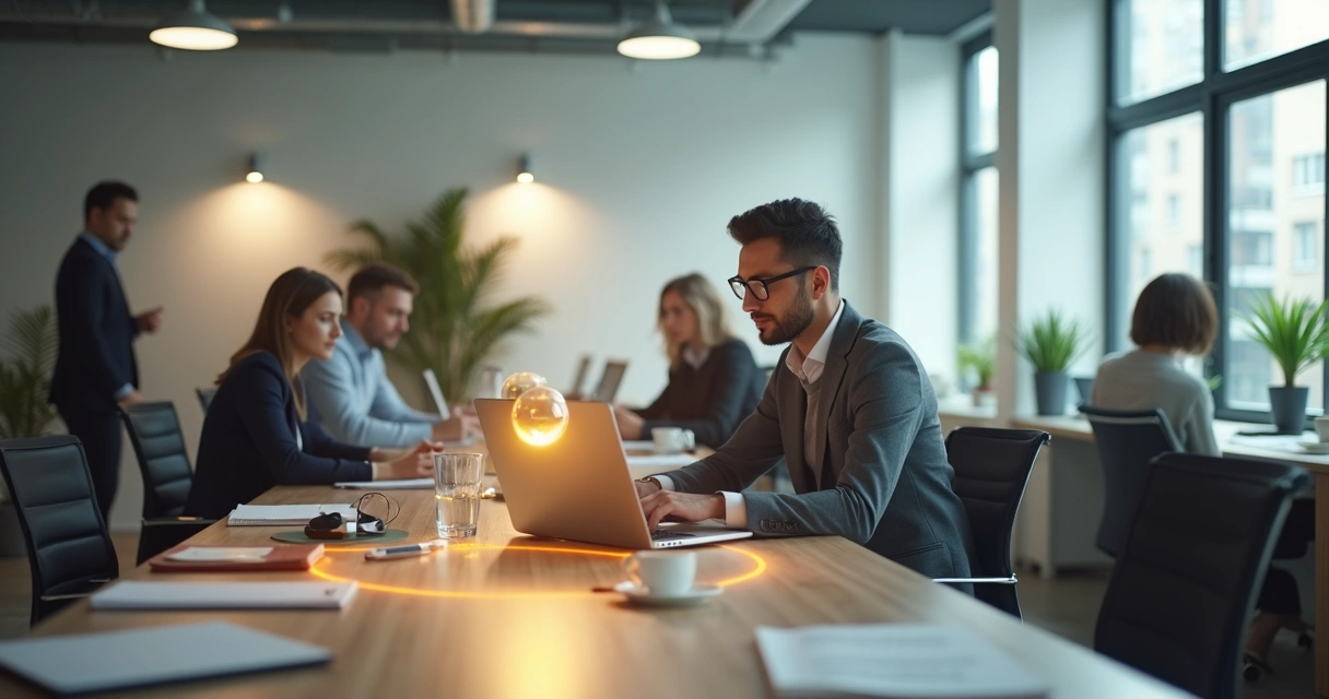 Professional at shared desk inside soft transparent bubble of light 