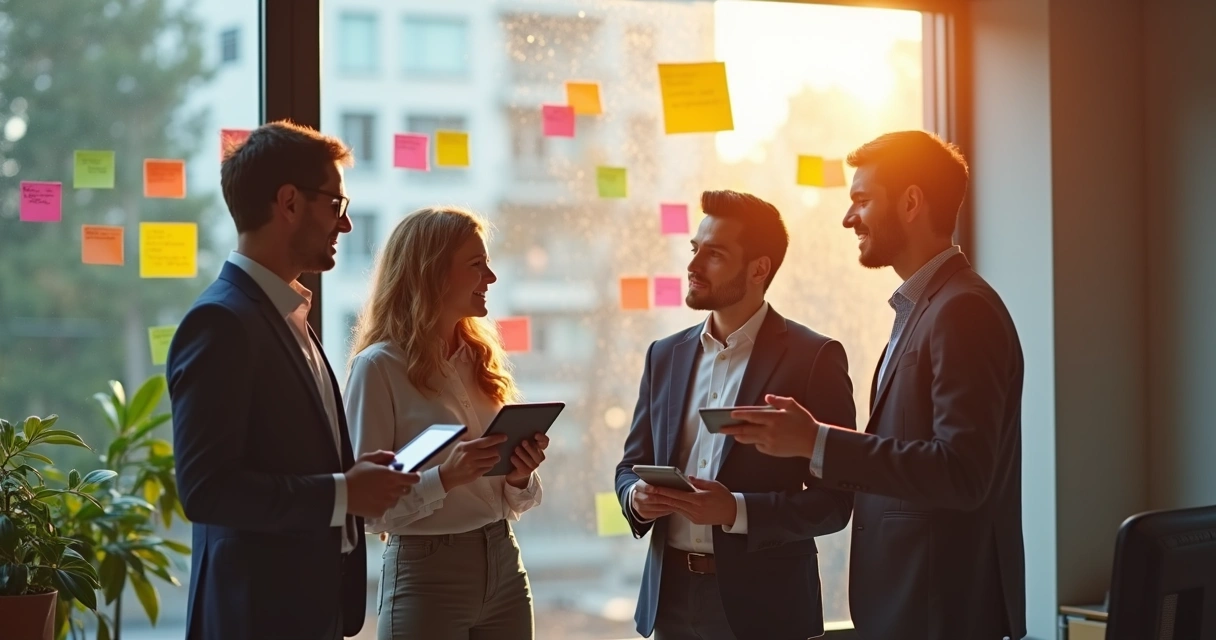 People discussing idea standing in office with digital notes 
