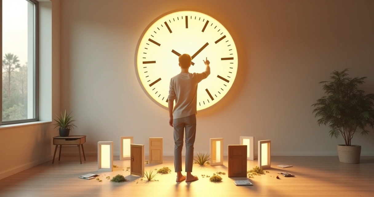 Person in a sunlit room choosing between small symbolic doors around a glowing clock 