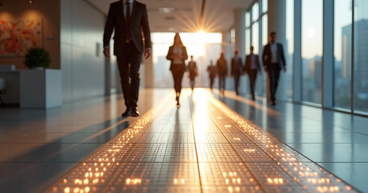Office walkway made of small glowing tiles symbolizing ethical micro-decisions 