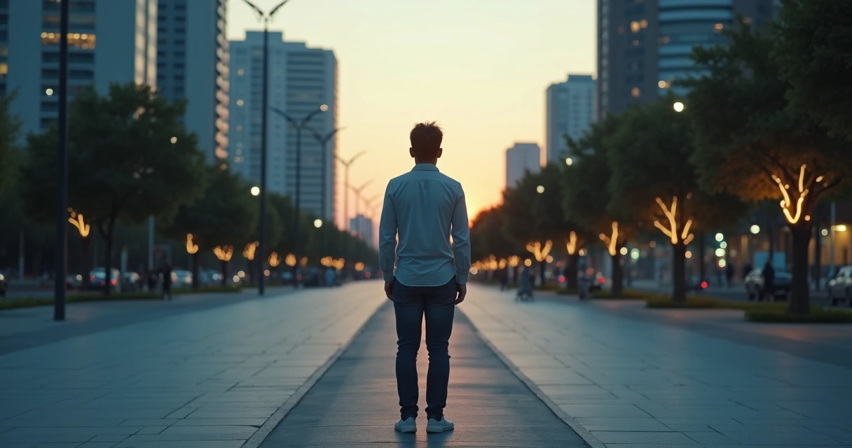 Person standing at a crossroads of two subtle paths in a cityscape at dusk 