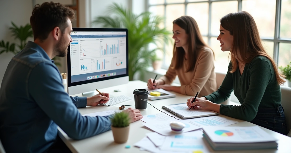 Equipe de marketing enxuta trabalhando junta em mesa organizada com computador e relatórios de campanha de influencers visíveis 