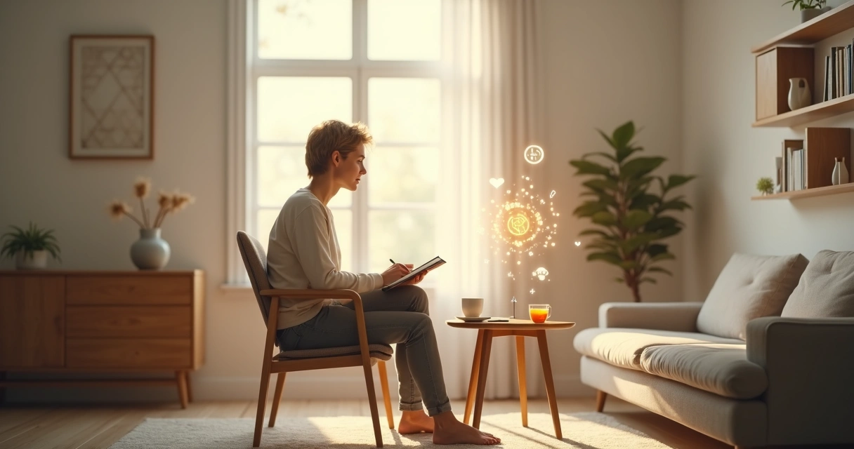 Pessoa em silêncio observando micro-hábitos em um ambiente minimalista 