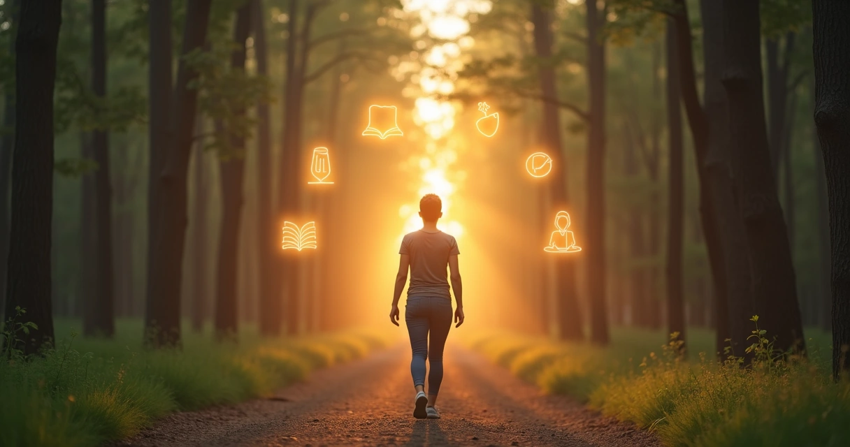 Pessoa caminhando em trilha com pequenos ícones de hábitos ao redor 