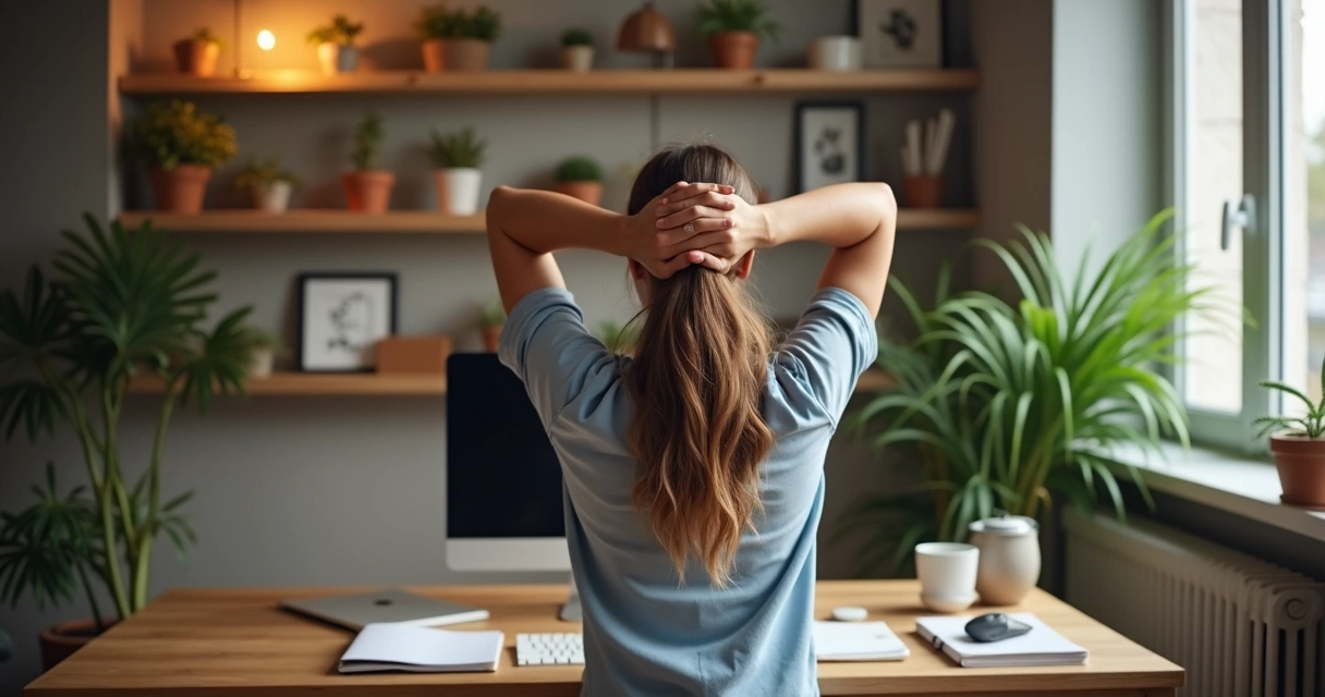 Pessoa fazendo alongamento simples ao lado da mesa de trabalho 