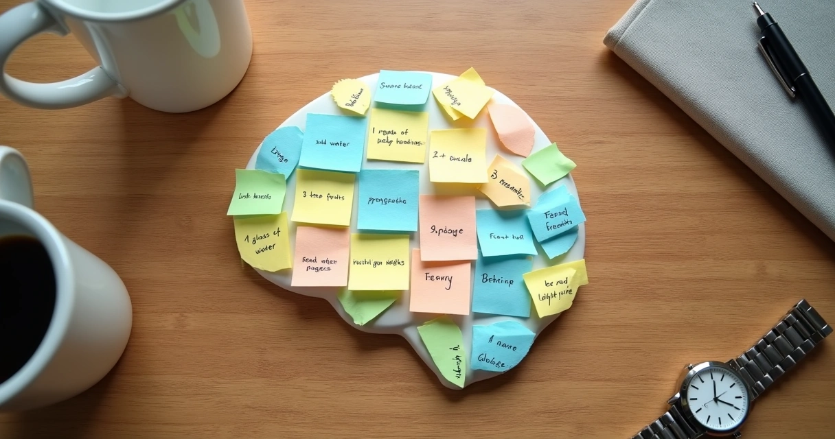 Mesa com rotina diária em post-its formando silhueta de cérebro 