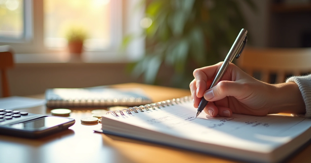 Pessoa anotando pequenos gastos num caderno ao lado de um café 