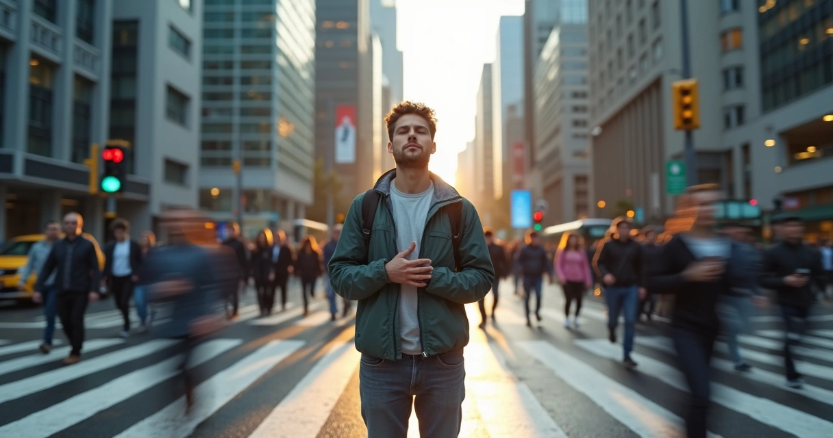 Pessoa parada em faixa de pedestre movimentada praticando breve pausa meditativa 
