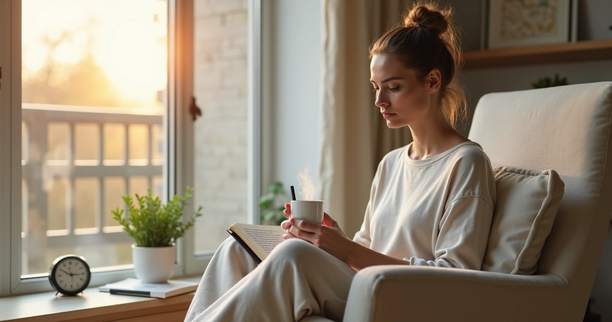 Pessoa sentada em silêncio perto da janela segurando uma xícara e escrevendo pequenos hábitos em um caderno 