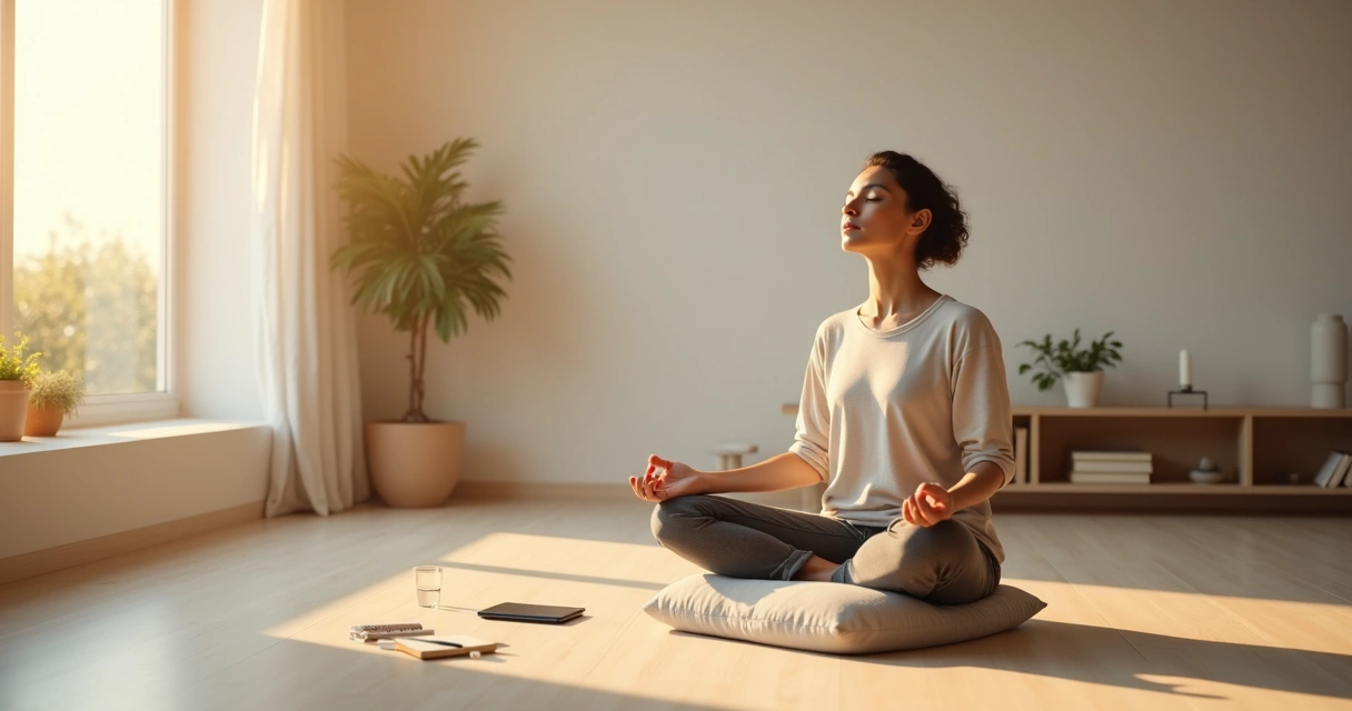 Pessoa sentada em silêncio na sala, praticando micro-hábitos de presença consciente 