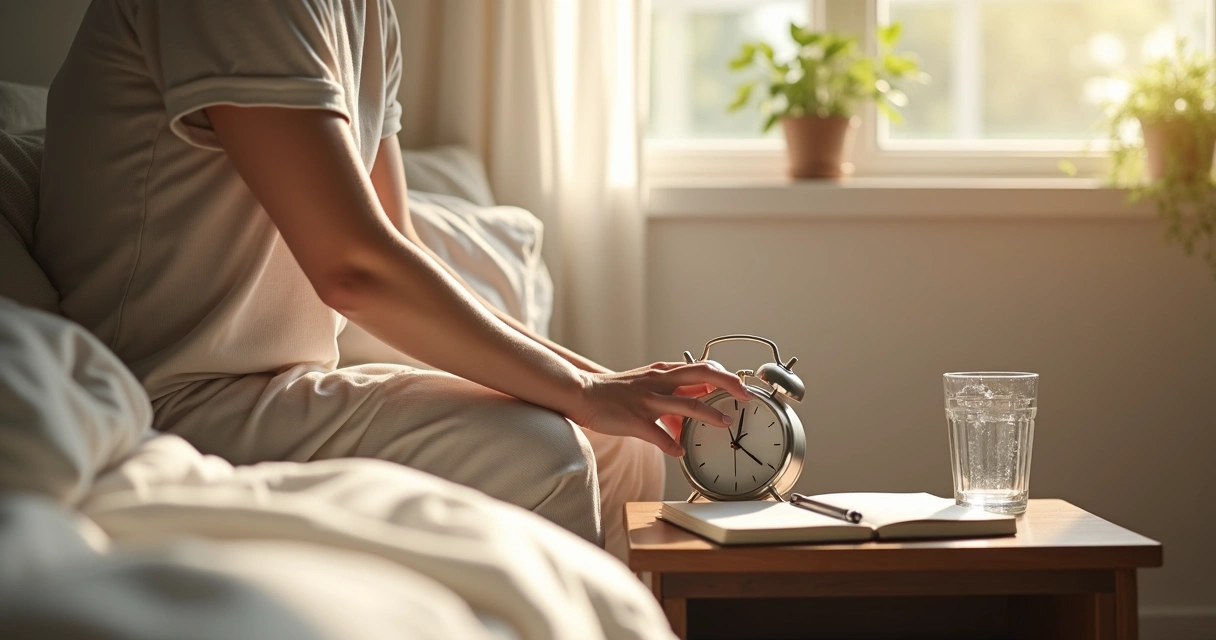 Pessoa ajustando despertador ao lado da cama 