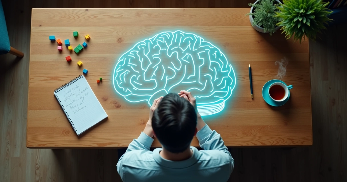 Person placing small colored blocks along a glowing brain-shaped path 