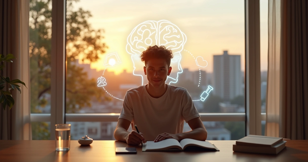 Person reflecting at a desk with small habit icons floating around a glowing brain silhouette 
