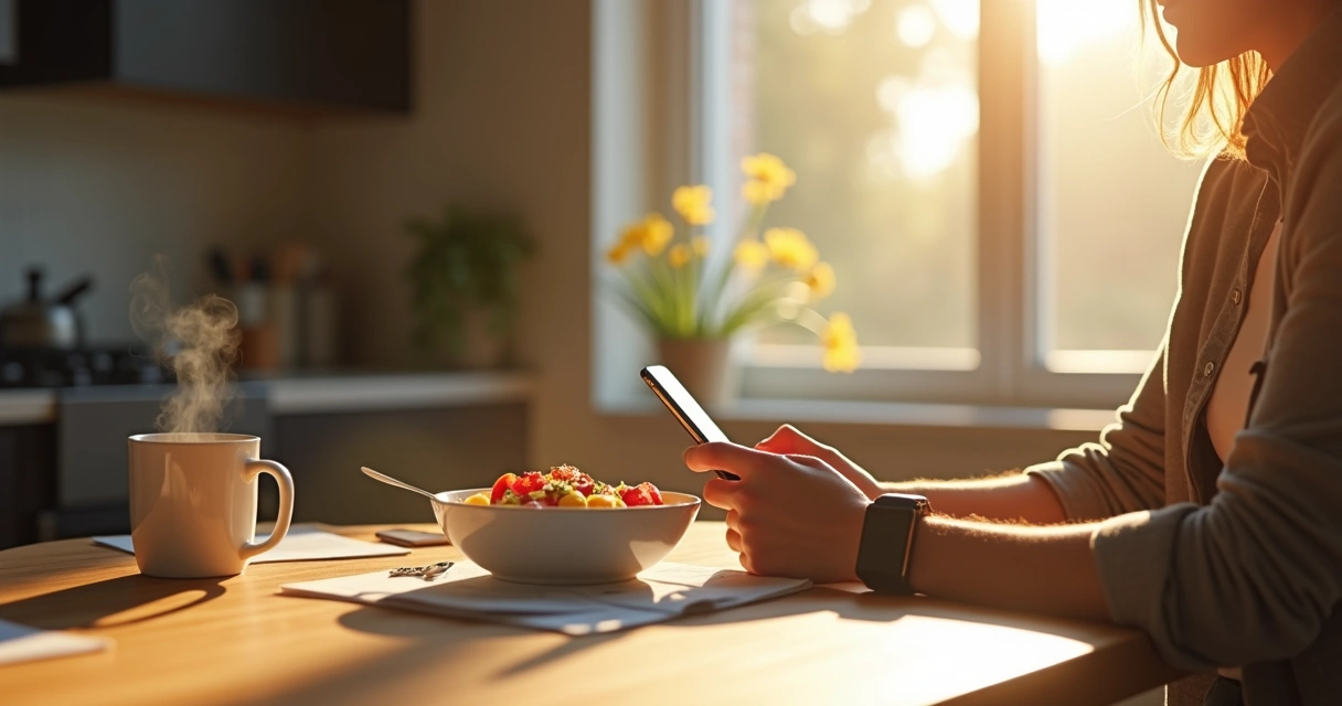 Person at a kitchen table checking phone while eating breakfast. 