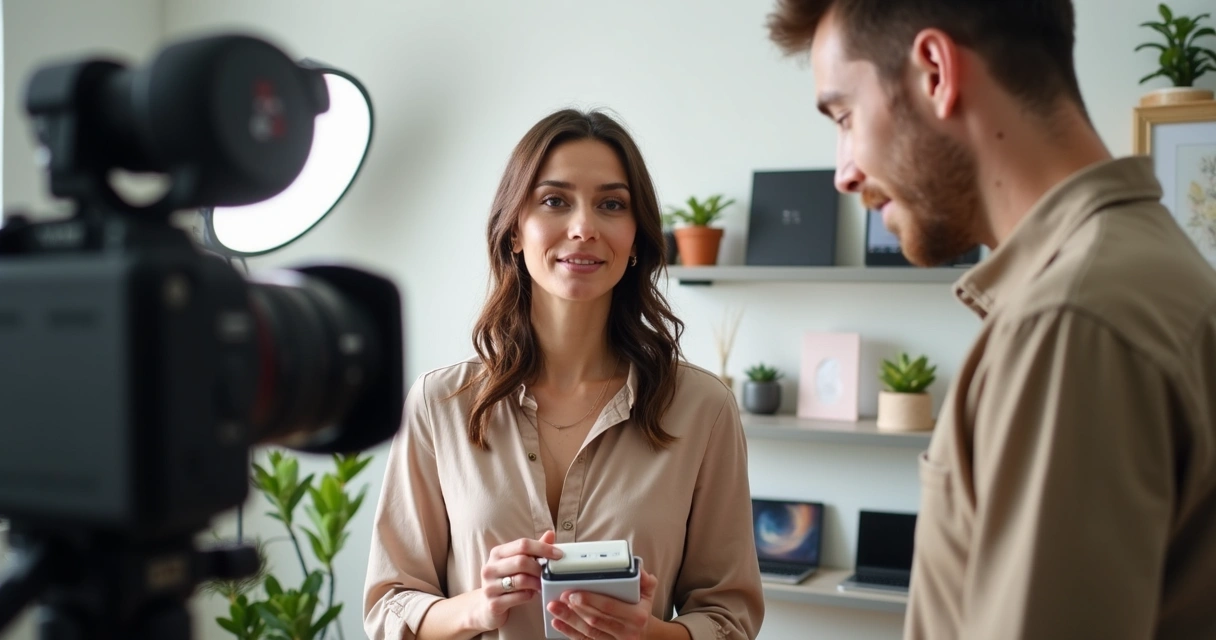 Micro influencer in a modern studio recording product promotion with camera and lights 