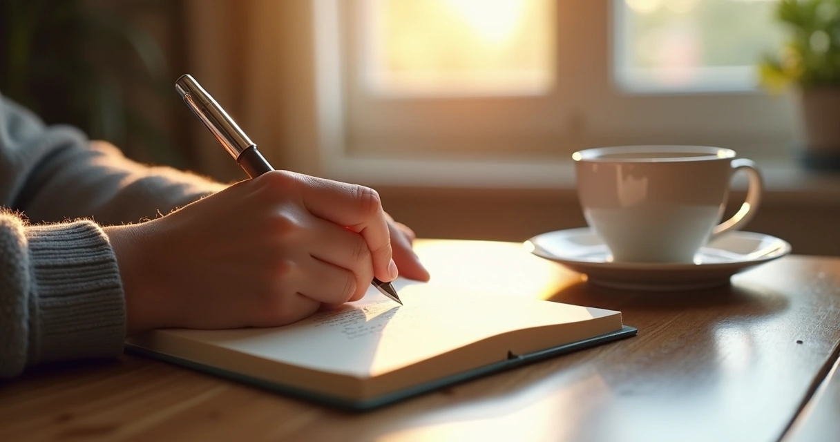 Person writing a single sentence in a journal on a table 
