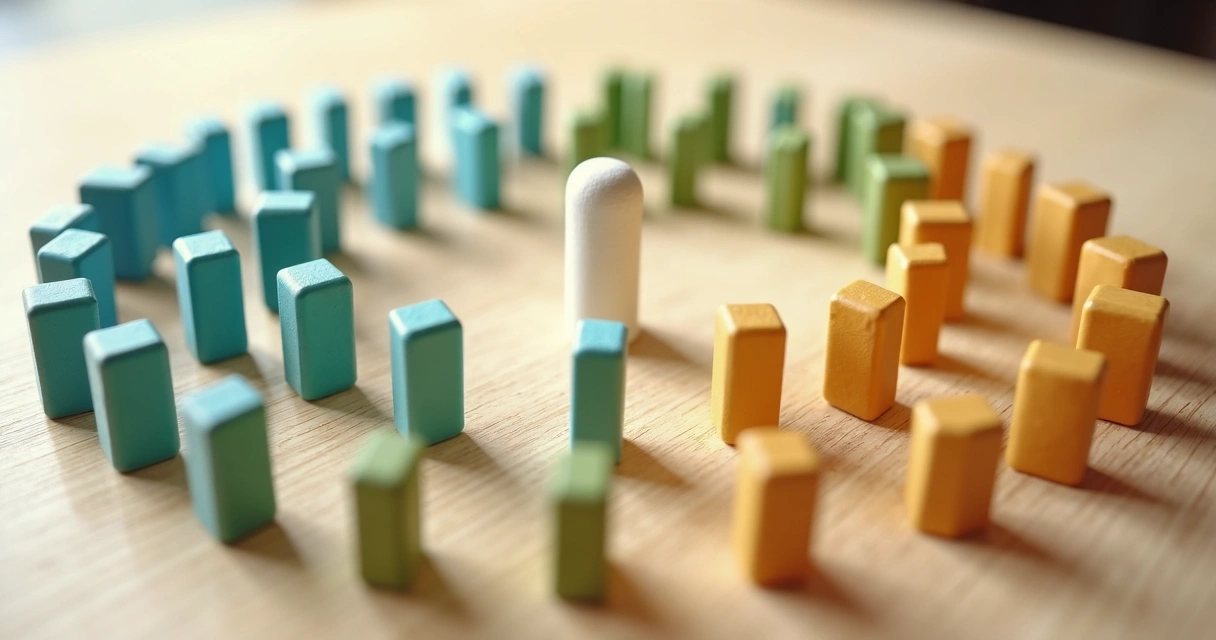Small dominos forming a circle around a larger central domino on a light table 