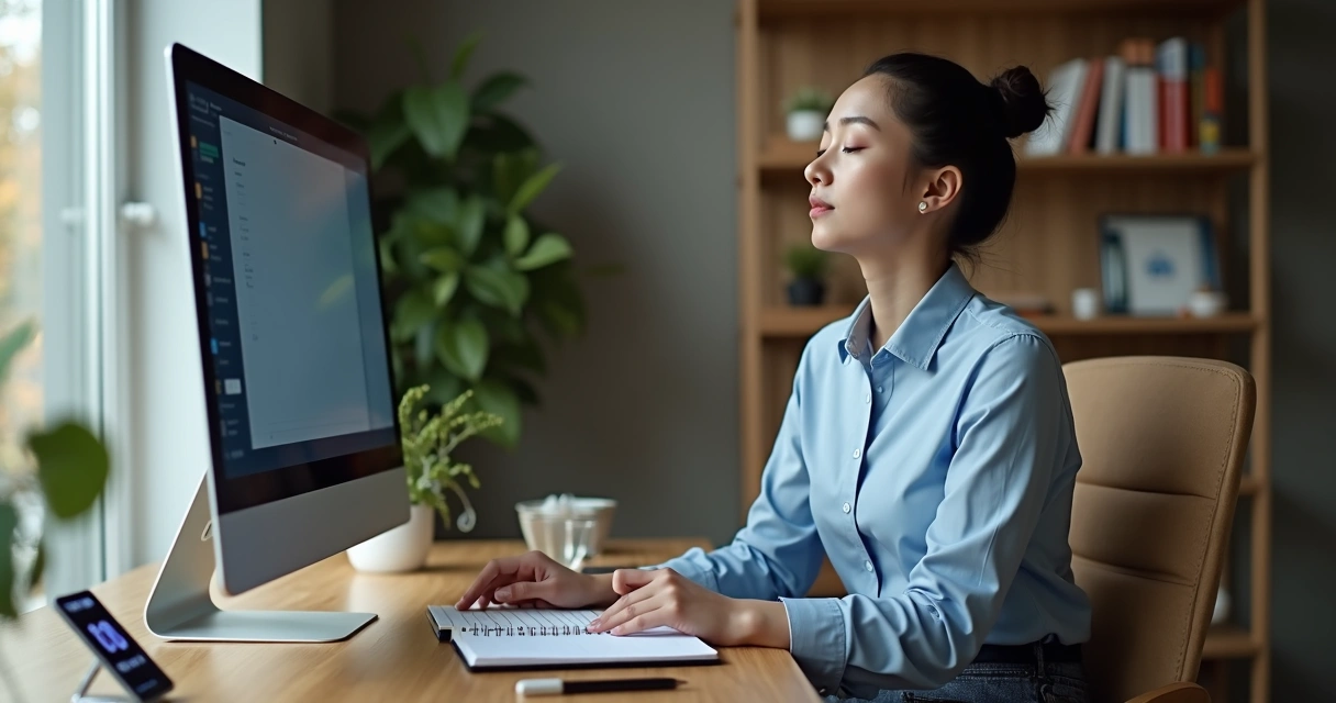 Profissional fazendo micro meditação sentado à mesa de trabalho organizada 