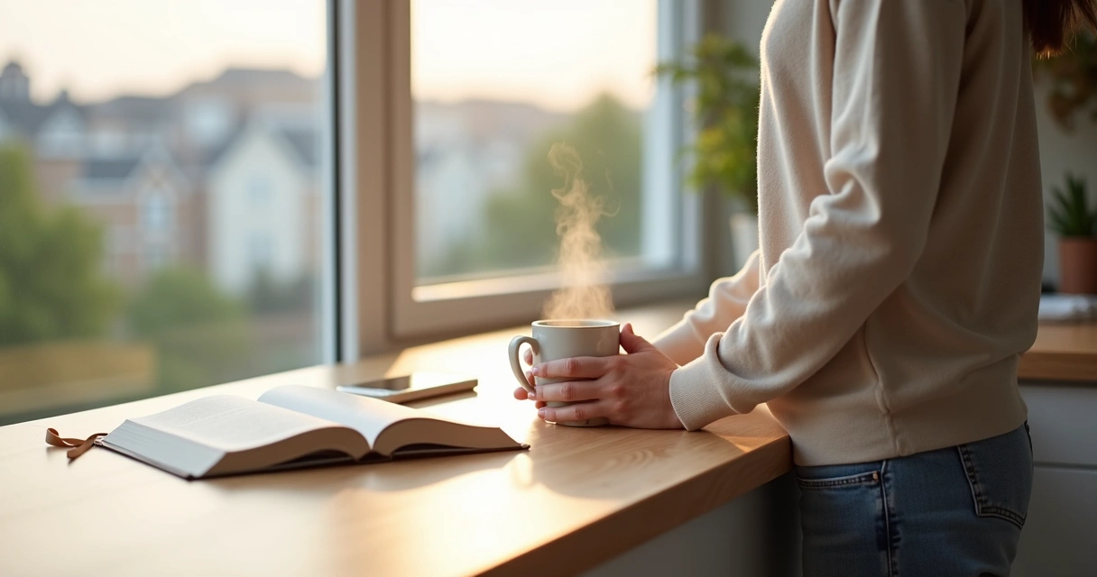 Person pausing with closed eyes over a cup of coffee at a bright kitchen counter 