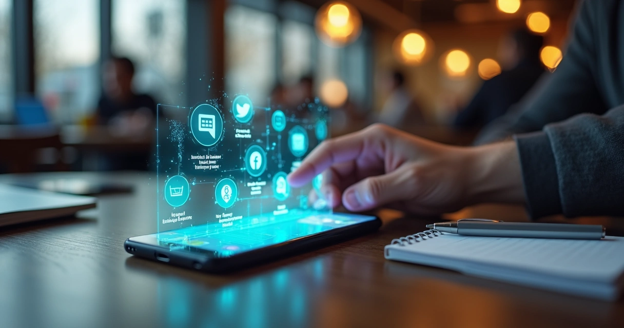 Pessoa toca smartphone cercada por ícones digitais representando diferentes intenções de busca 