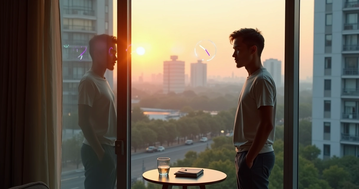 Person pausing by a city window, reflected alongside multiple time stamps on glass 