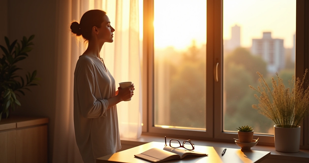 Person pausing with closed eyes near a window holding a warm mug at sunrise 
