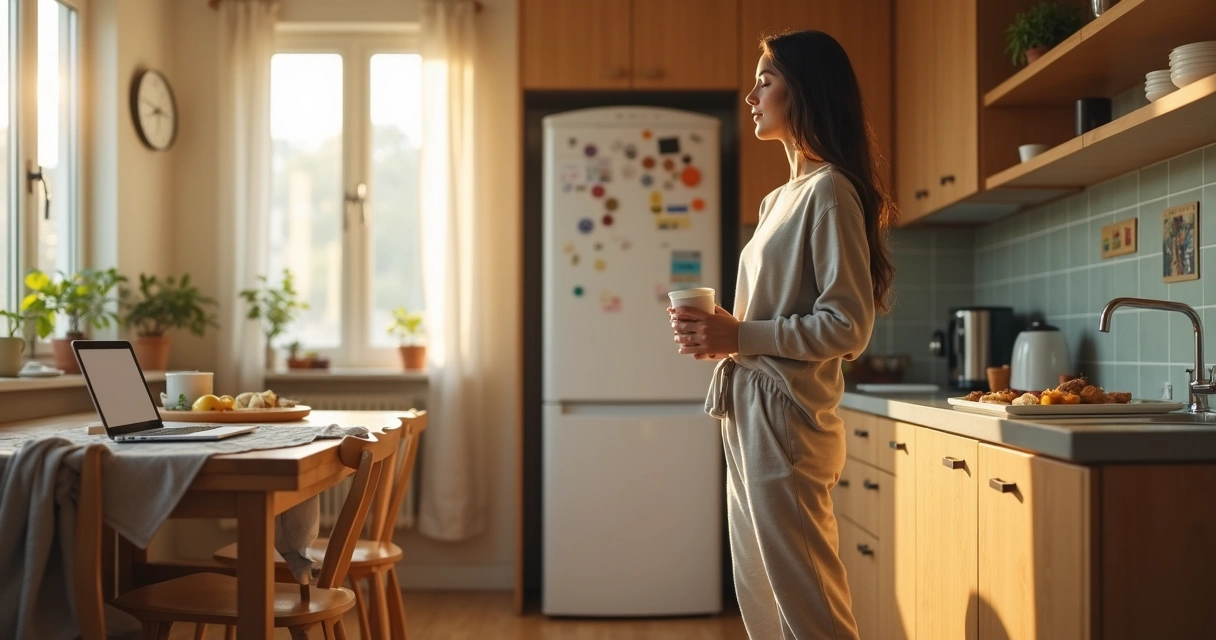 Person pausing with closed eyes by kitchen counter amid morning clutter 