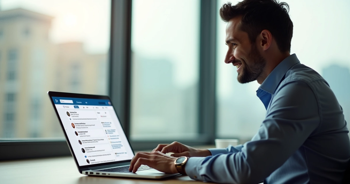 Executivo posta pequena história no LinkedIn ao lado de um notebook 