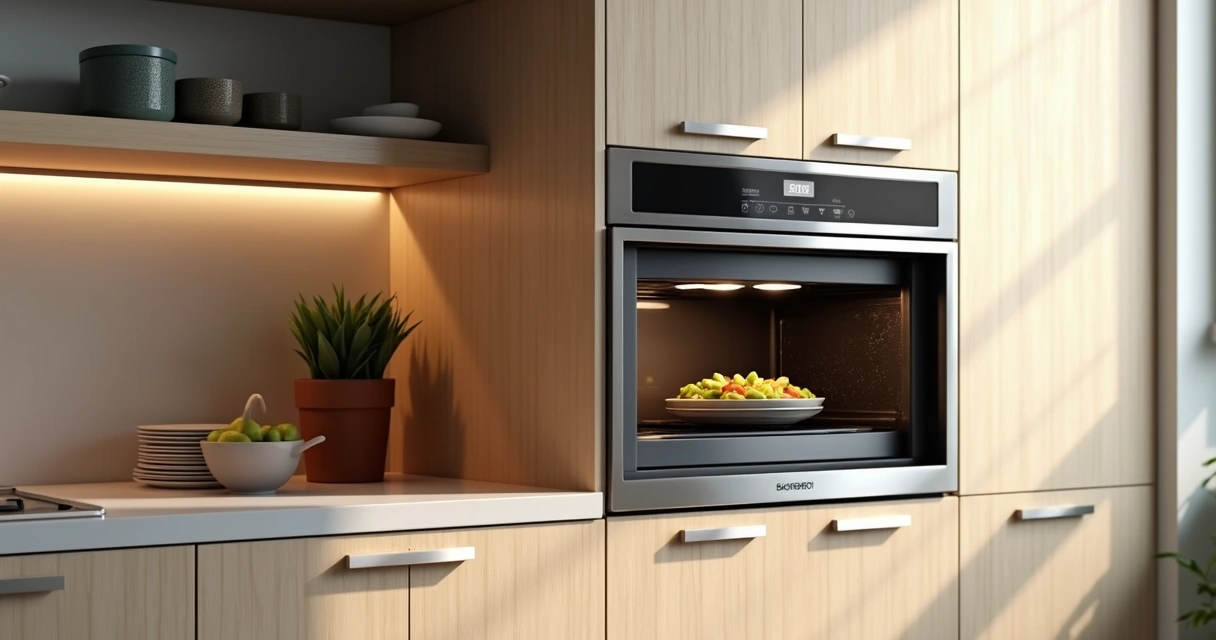 Micro-ondas inox embutido em uma cozinha moderna com armários e luz suave 