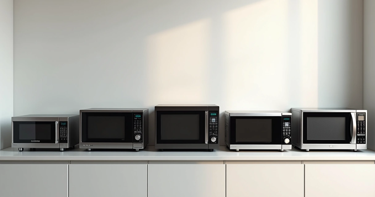 Micro-ondas de diferentes tamanhos e estilos lado a lado 